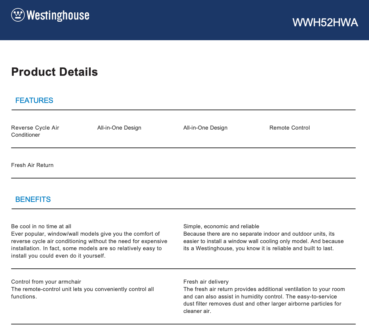 Westinghouse WWH52HWA 5.2kW Window/Wall Reverse Cycle Air Conditioner - Factory Seconds