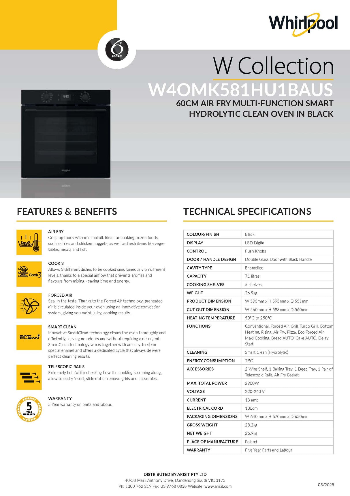 Whirlpool W4OMK581HU1BAUS 60cm Air Fry Multi-Function Smart Hydrolytic Clean Oven in Black