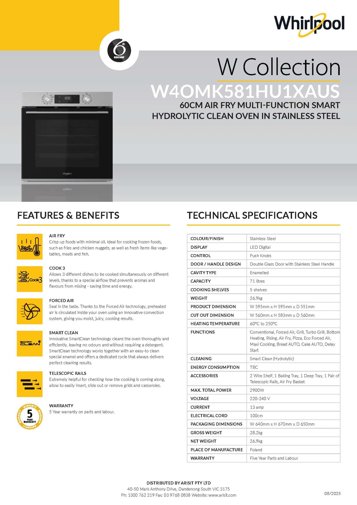 Whirlpool W4OMK581HU1XAUS 60cm Air Fry Multi Function Smart Hydrolytic Clean Oven in Stainless Steel