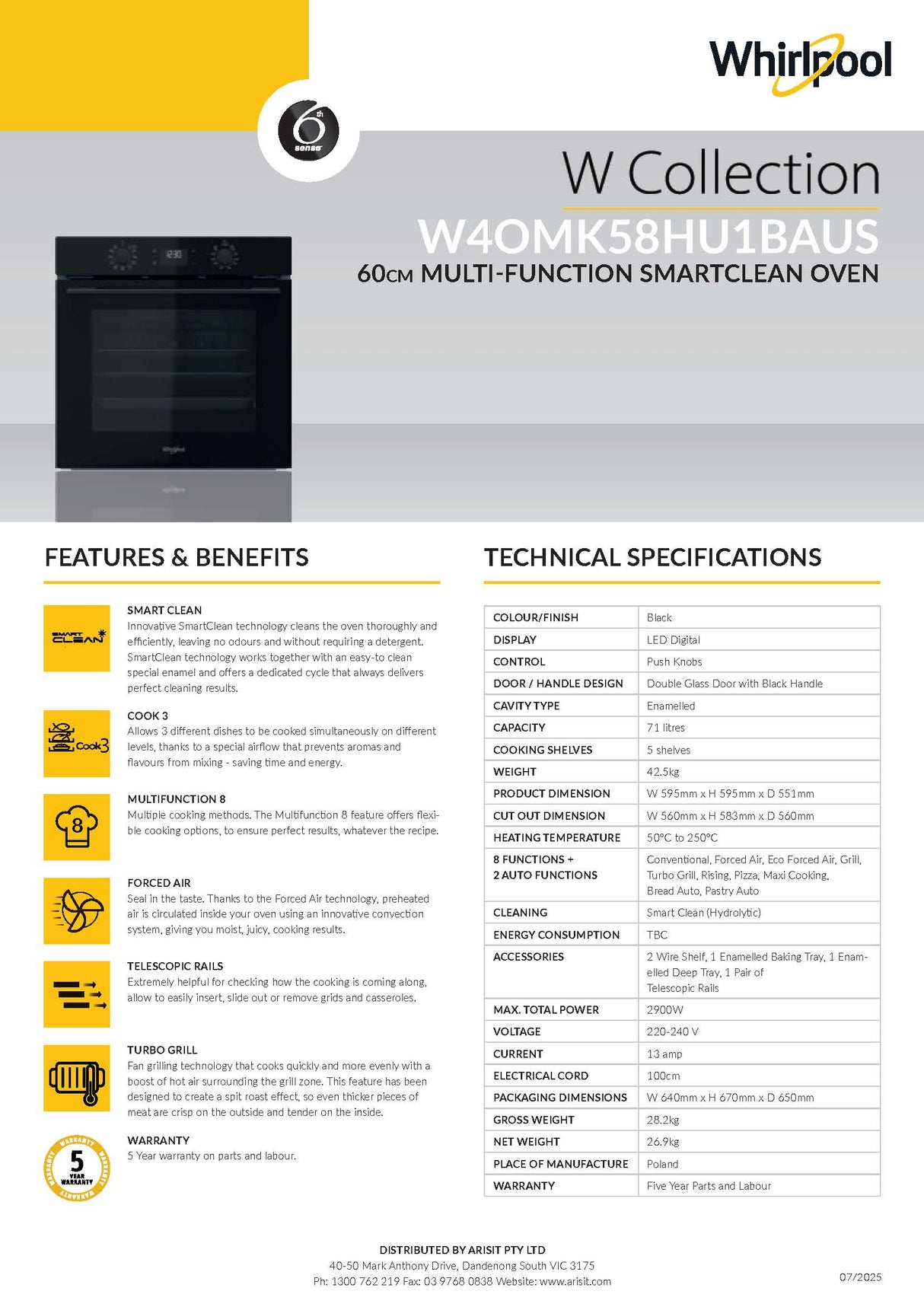 Whirlpool W4OMK58HU1BAUS 60cm Multi-Function Smart Hydrolytic Clean Oven in Black