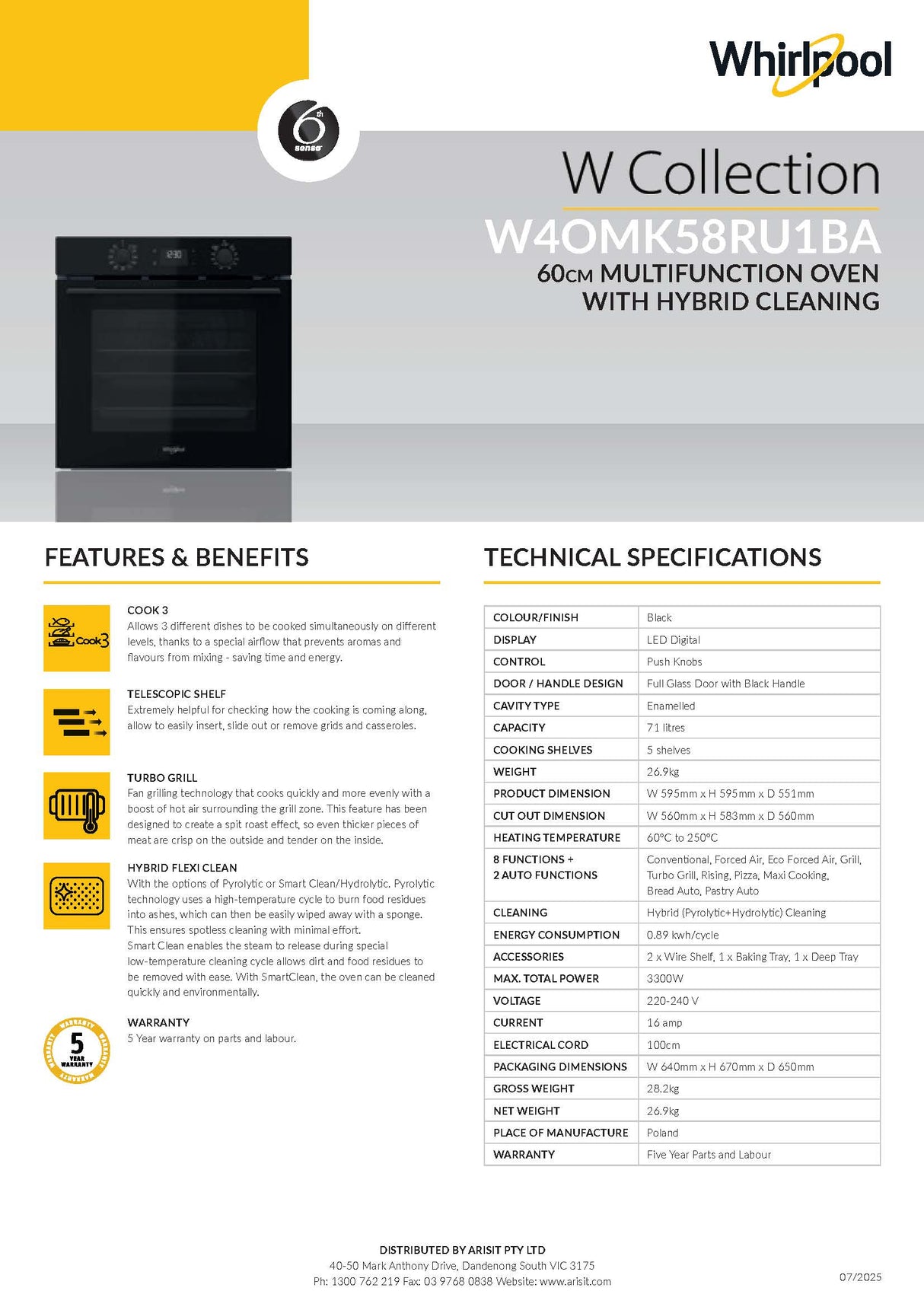 Whirlpool W4OMK58RU1BA 60cm Multi-Function Hybrid Hydrolytic/Pyrolytic Clean Oven in Black
