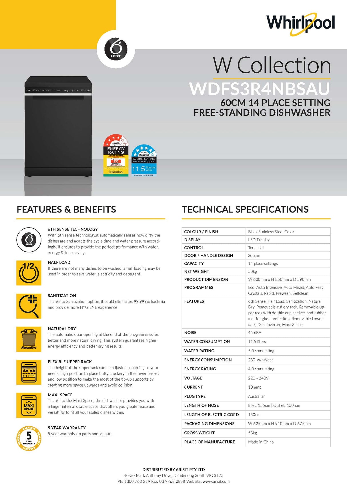 Whirlpool WDFS3R4NBSAU Maxi-Tub 14 Place Setting Freestanding Dishwasher in Black