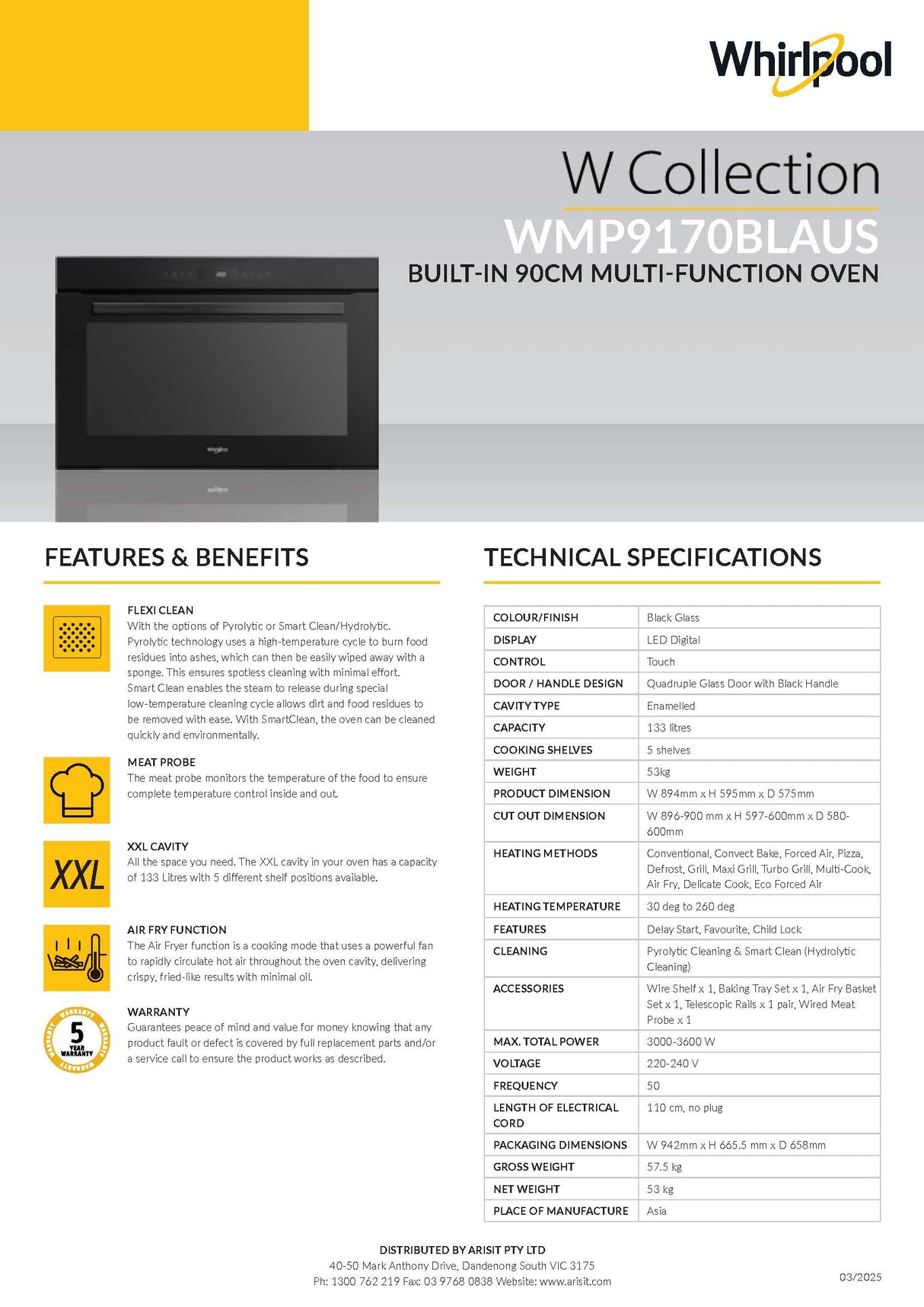 Whirlpool WMP9170BLAUS Built-In 90cm Multi-Function Pyrolytic Oven