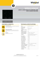 Whirlpool WRK6140AUS 60cm 4 Zone Built In Ceramic Cooktop with Knob Control
