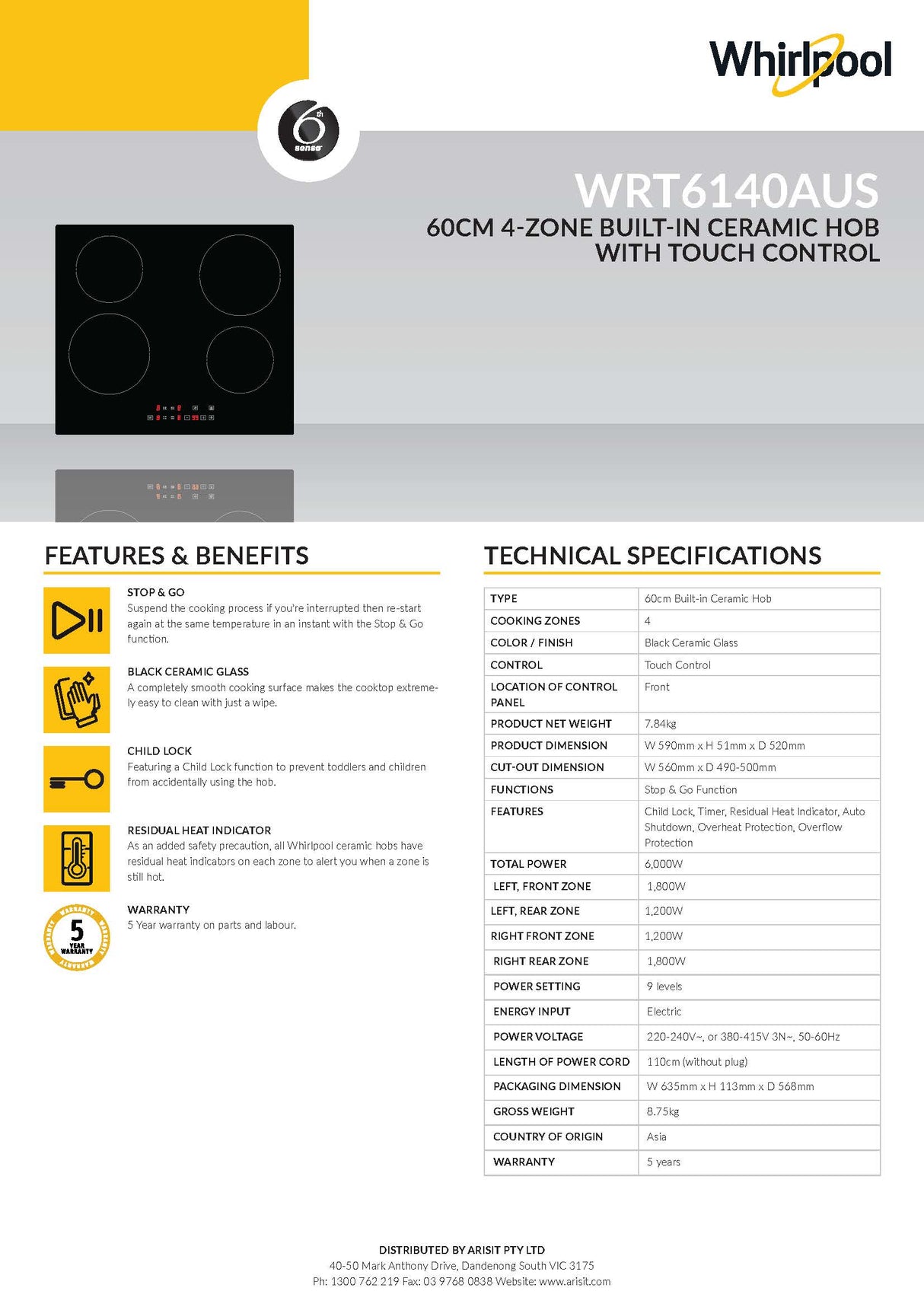 Whirlpool WRT6140AUS 60cm 4 Zone Ceramic Cooktop with Touch Control