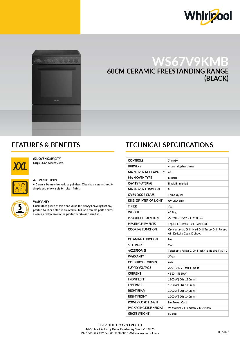 Whirlpool WS67V9KMB 60cm Ceramic Freestanding Oven in Black