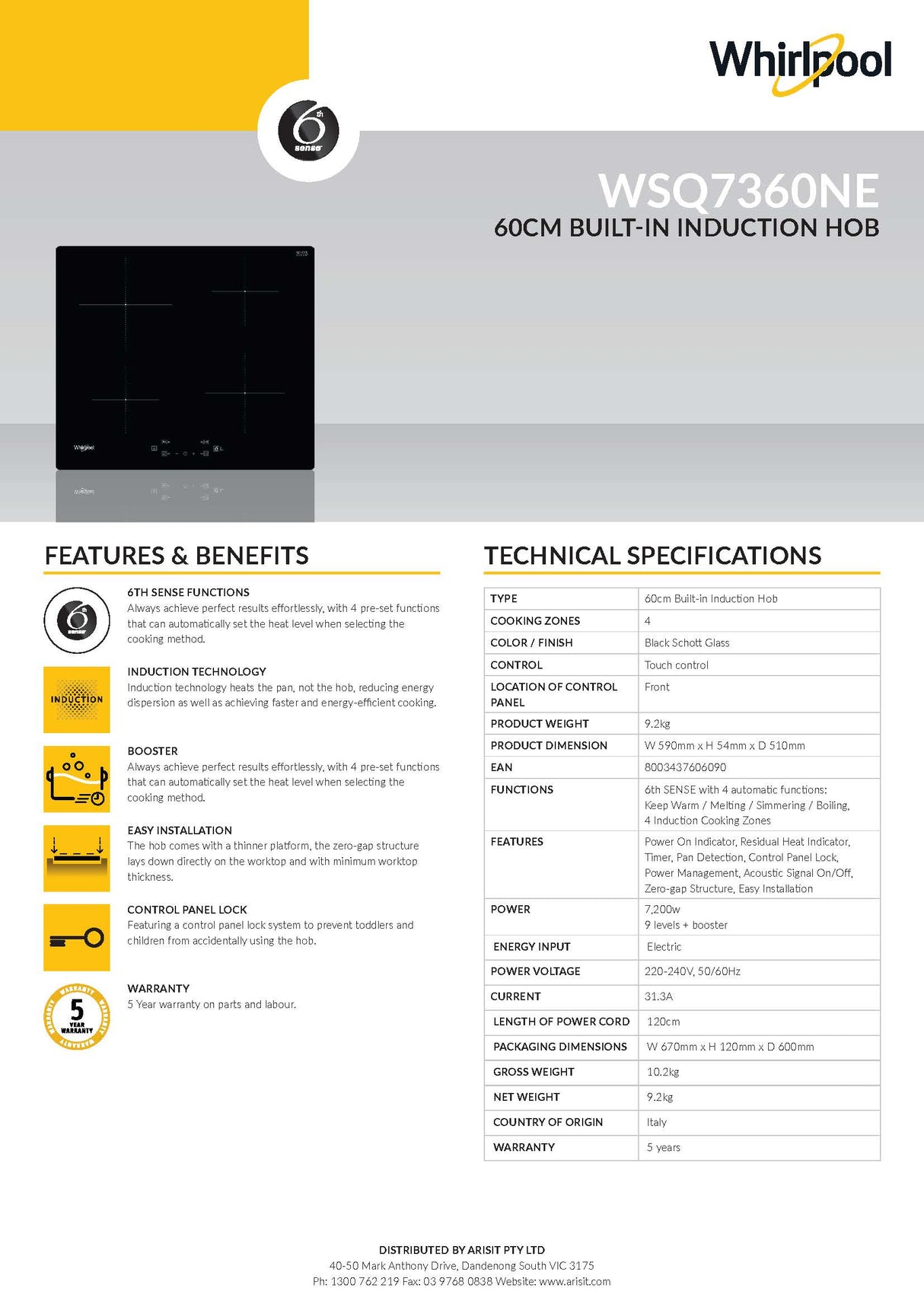 Whirlpool WSQ7360NE 60cm 4 Zone Built In Induction Cooktop