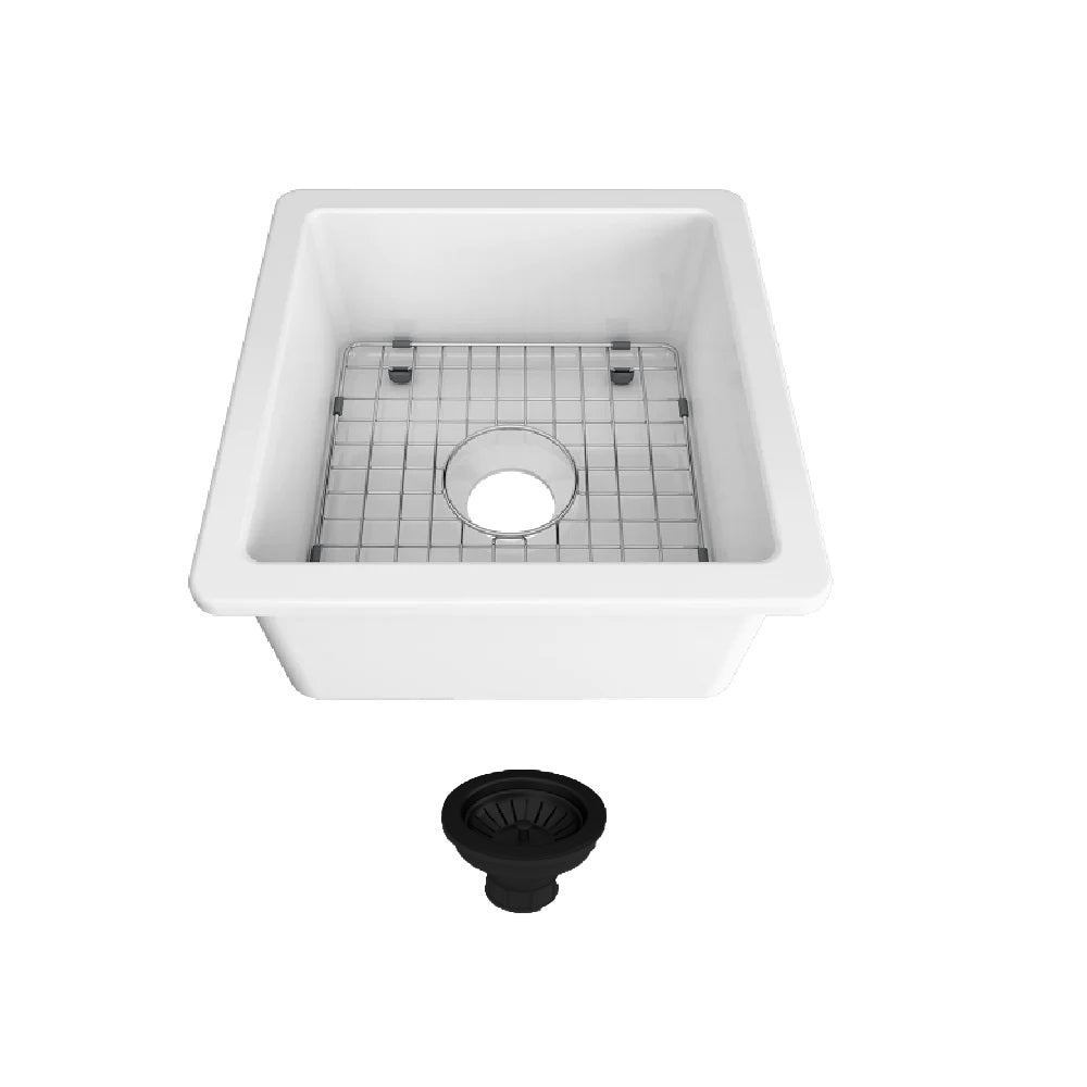 Seima 192530 Odessa 460 Ceramic Butler Sink, Single Bowl, 460x460mm Abovemount/Undermount, White Gloss with Brushed Black Waste & Grid