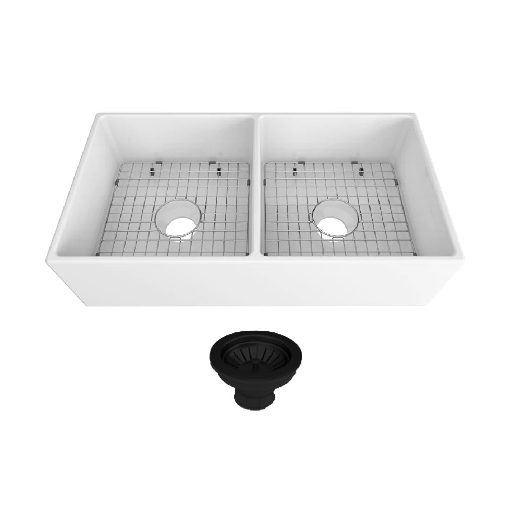 Seima 192534 Odessa 761 Ceramic Butler Sink, Single Bowl, 760x485mm Apron Front, White Gloss with Black Basket Waste & Grid