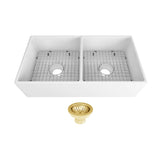 Seima 192525 Odessa 915 Ceramic Butler Sink, Double Bowl, 915x485mm Apron Front, White Gloss with Brushed Gold Basket Waste & Grid