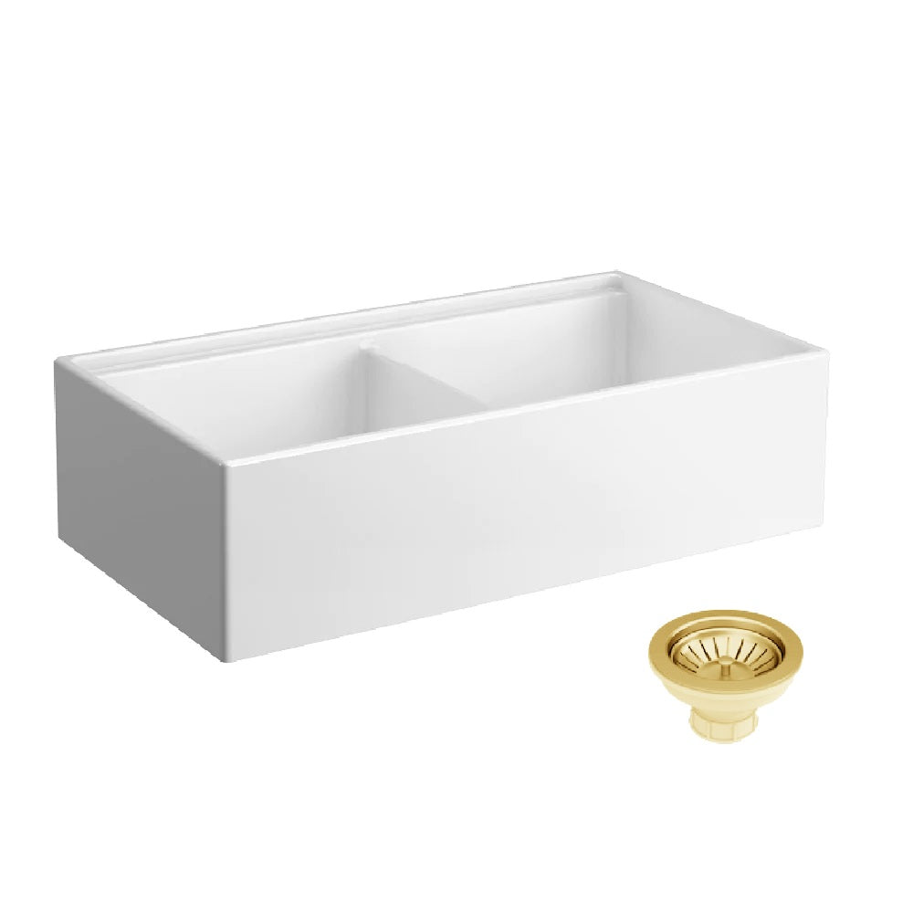 Seima 192527 Odessa 922 Ceramic Butler Sink, Double Bowl, 915x485mm Workstation, White Gloss with Brushed Gold Waste & Grid