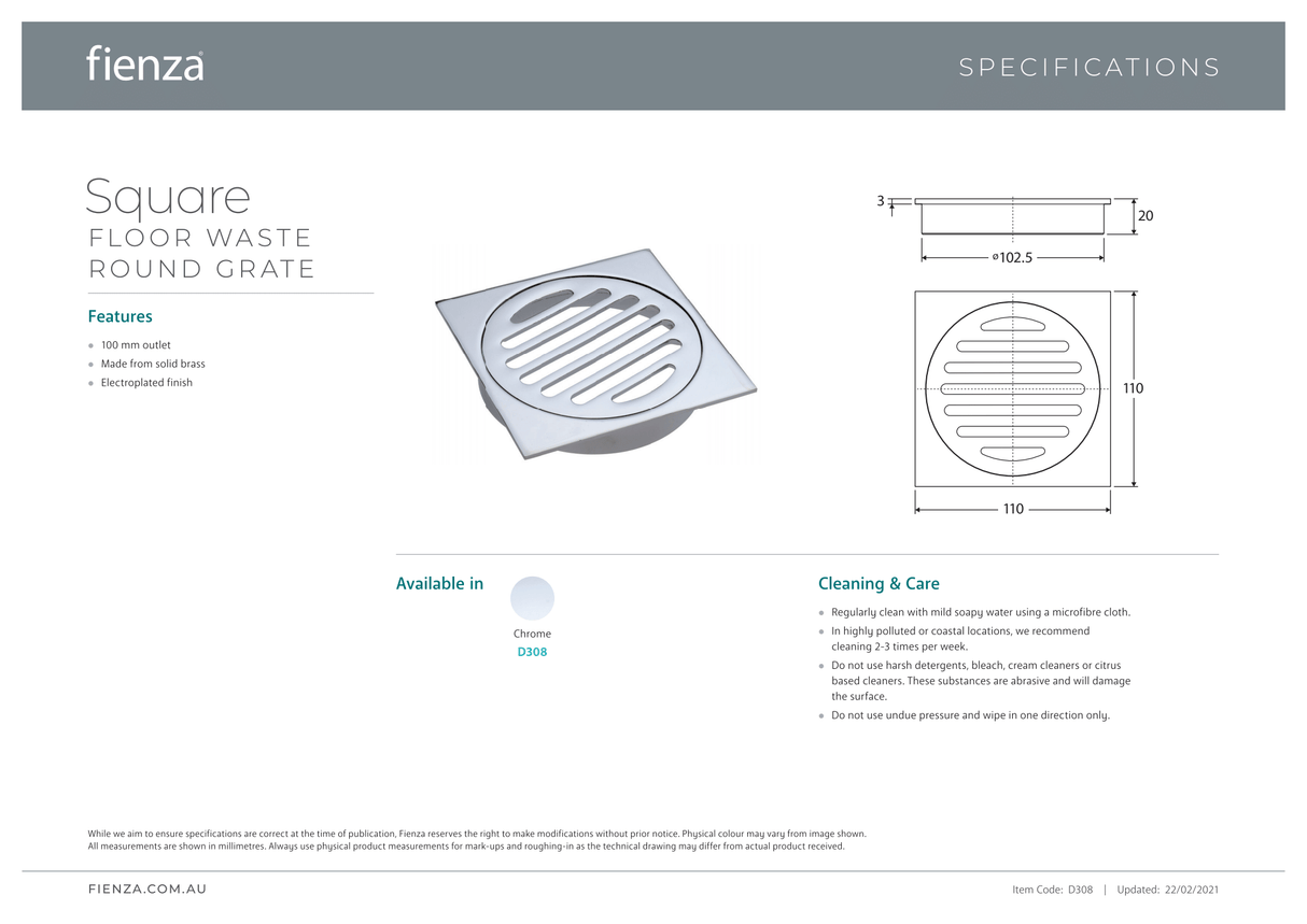 Fienza FW100SCB Square Floor Waste with Round Grate 100mm, Matte Black
