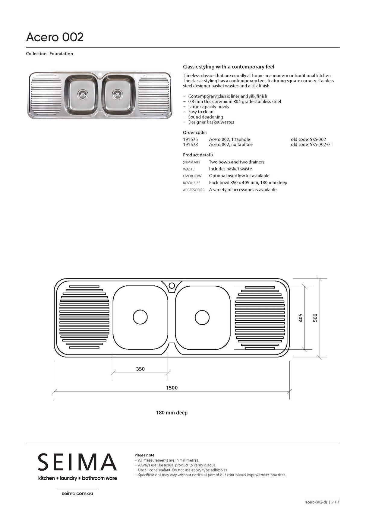 Seima 191573 Acero 002 Double Bowl Sink, Abovemount (No taphole), Stainless Steel, 1500x500mm