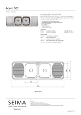 Seima 191573 Acero 002 Double Bowl Sink, Abovemount (No taphole), Stainless Steel, 1500x500mm
