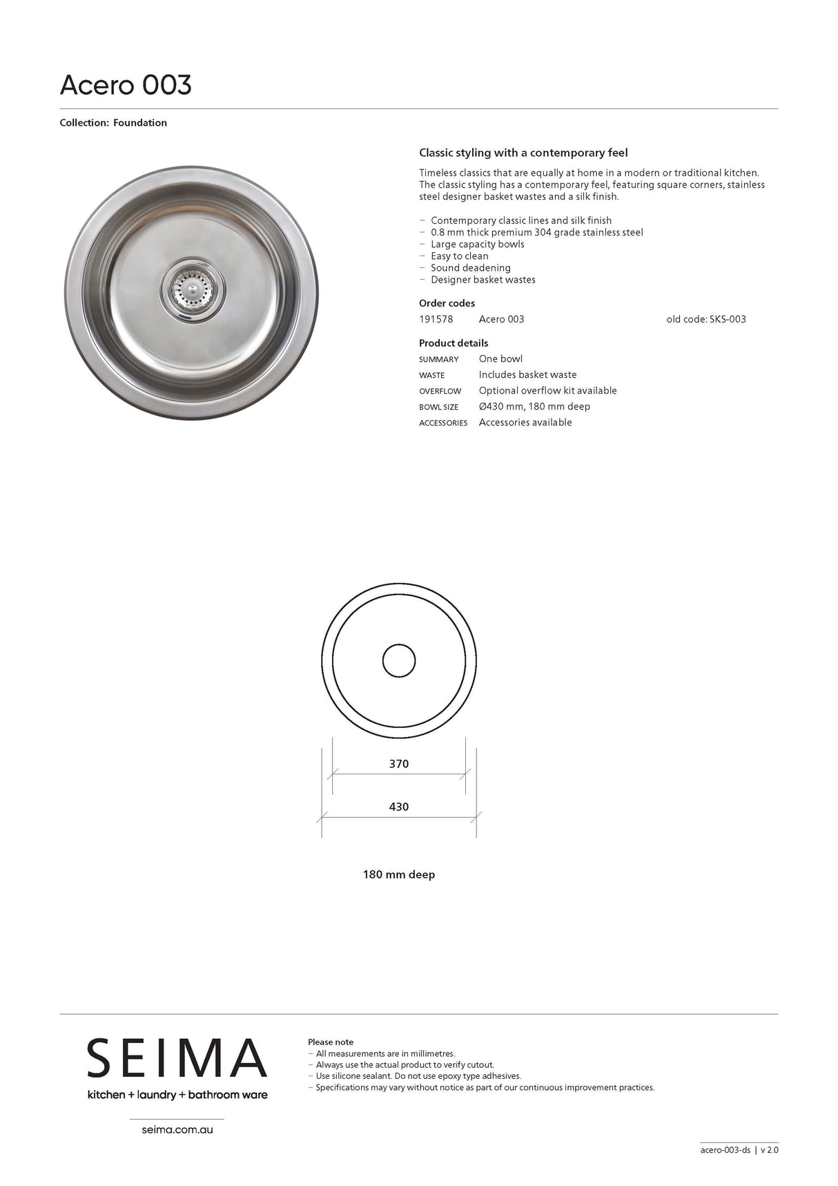 Seima 191578 Acero 003 Single Bowl Round Sink, No Taphole