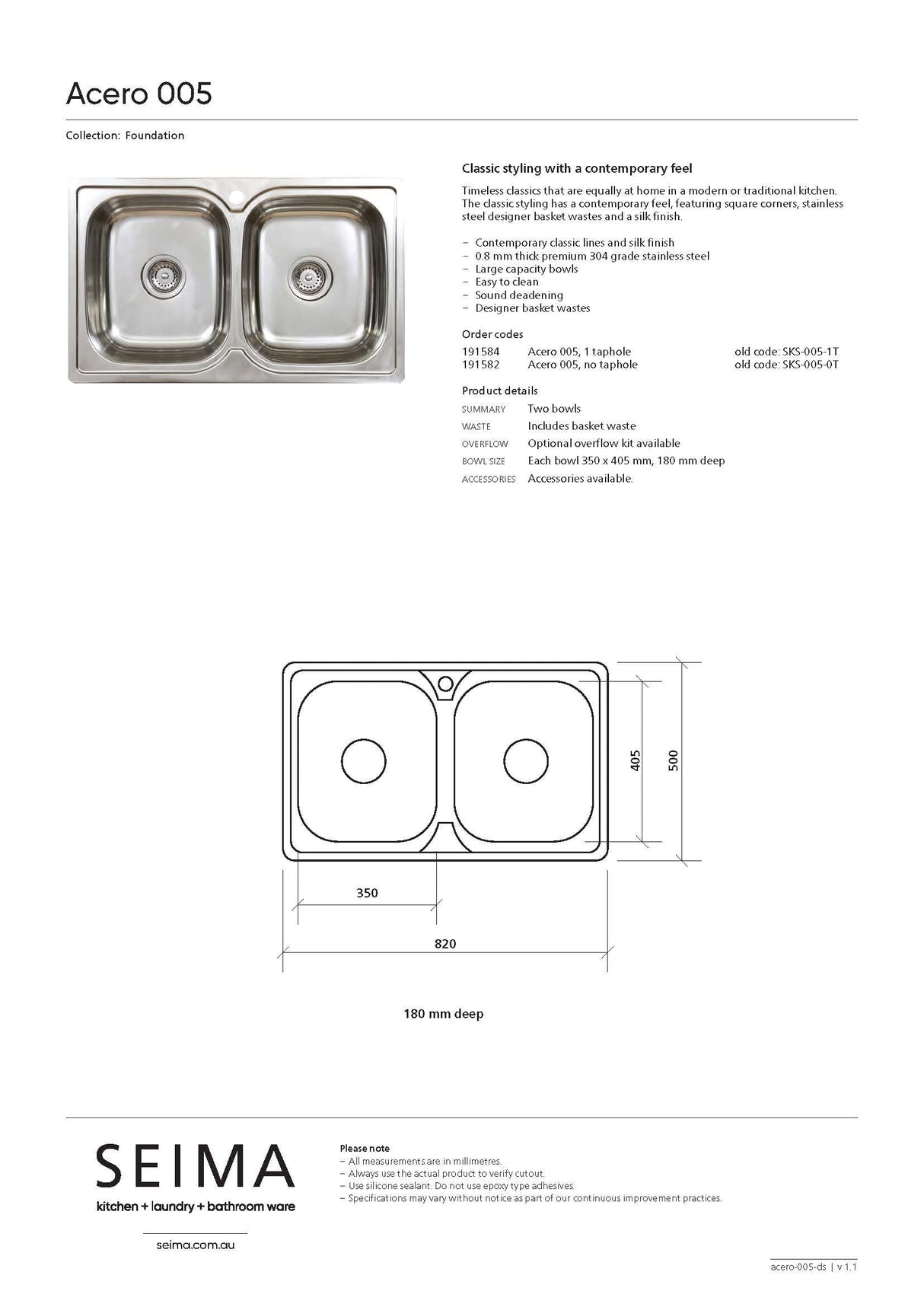 Seima 191582 Acero 005 Double Bowl Sink, Abovemount (No taphole), Stainless Steel, 820x500mm