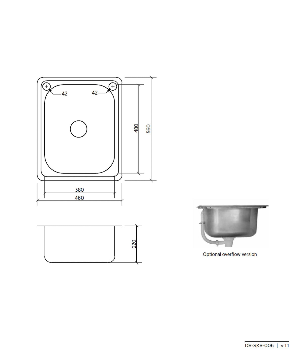 Seima 191591 Acero 006 Single Bowl Sink, Abovemount (Right taphole), Stainless Steel, 460x560mm