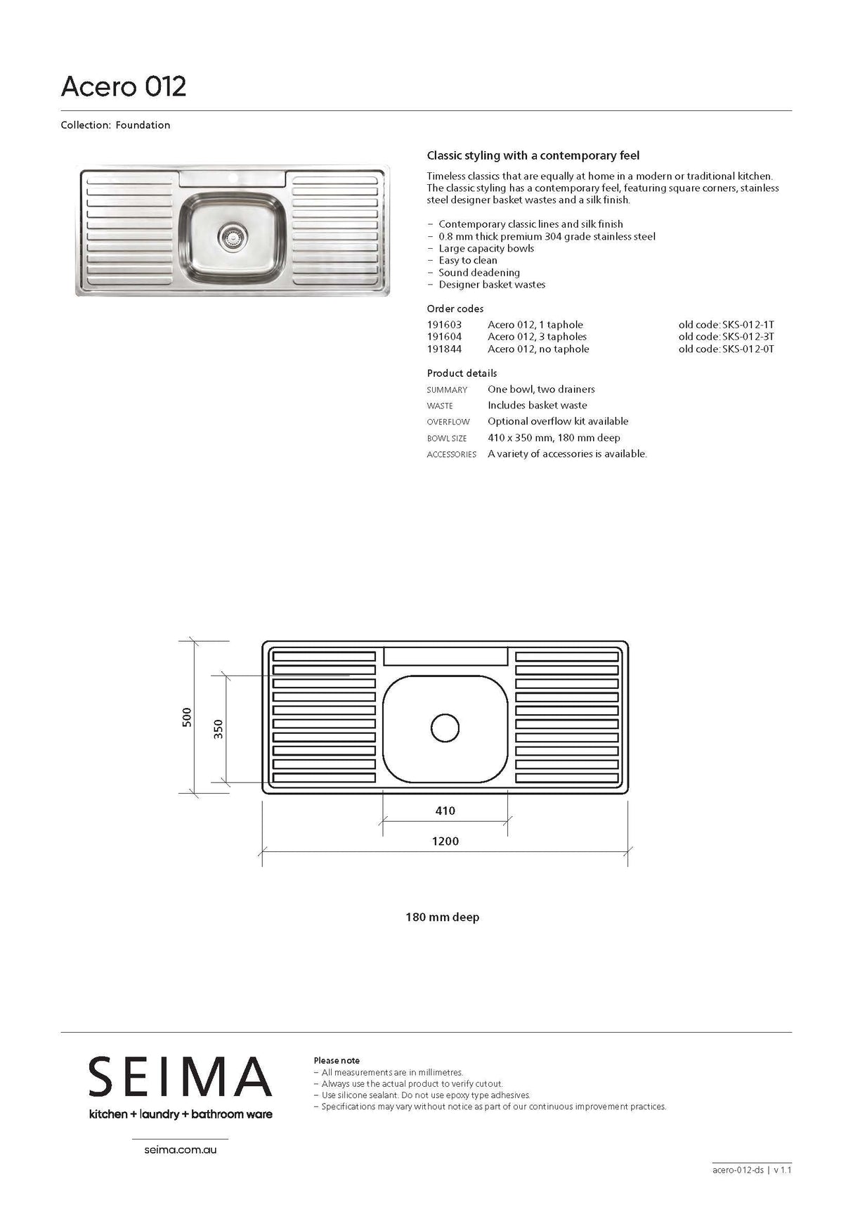 Seima 191604 Acero 012 Single Bowl Sink, Abovemount (3 tapholes), Stainless Steel, 1200x500mm