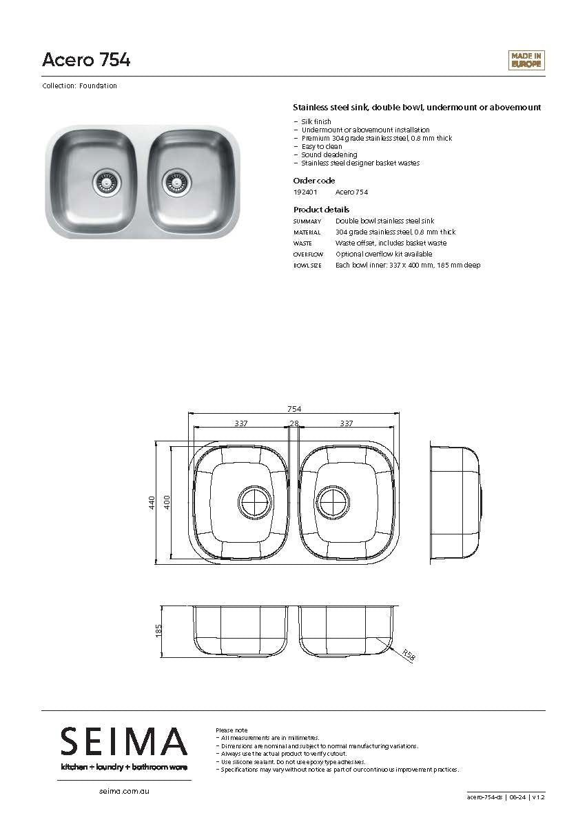 Seima 192401 Acero 754 Sink Undermount, Stainless Steel
