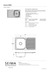 Seima 191625 Acero 800 Single Bowl Sink, Abovemount (No taphole), Right Drainer Stainless Steel, 800x480mm