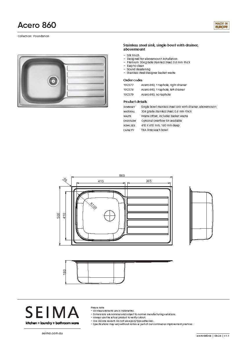 Seima 192377 Acero 860 Abovemount Sink, 1 Tap Hole, Right Hand Drainer, Stainless Steel