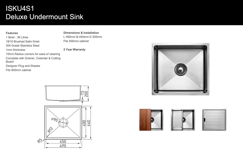 Arc Isku4S1 Deluxe Single Bowl Undermount Sink Kitchen Sinks