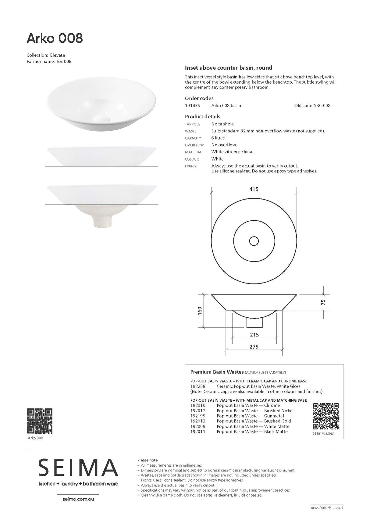 Seima 191436 Arko 008 Above Counter Basin, White, No Taphole