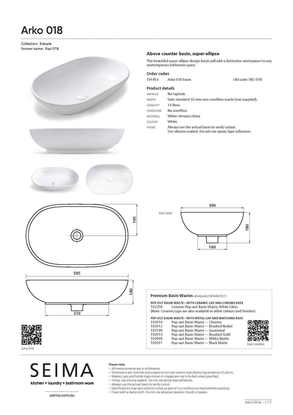 Seima 191453 Arko 018 Above Counter Basin, 585mm No Taphole White