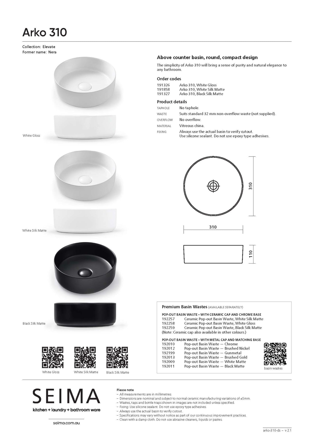 Seima 191858 Arko Above Counter Basin, Matte White Silk