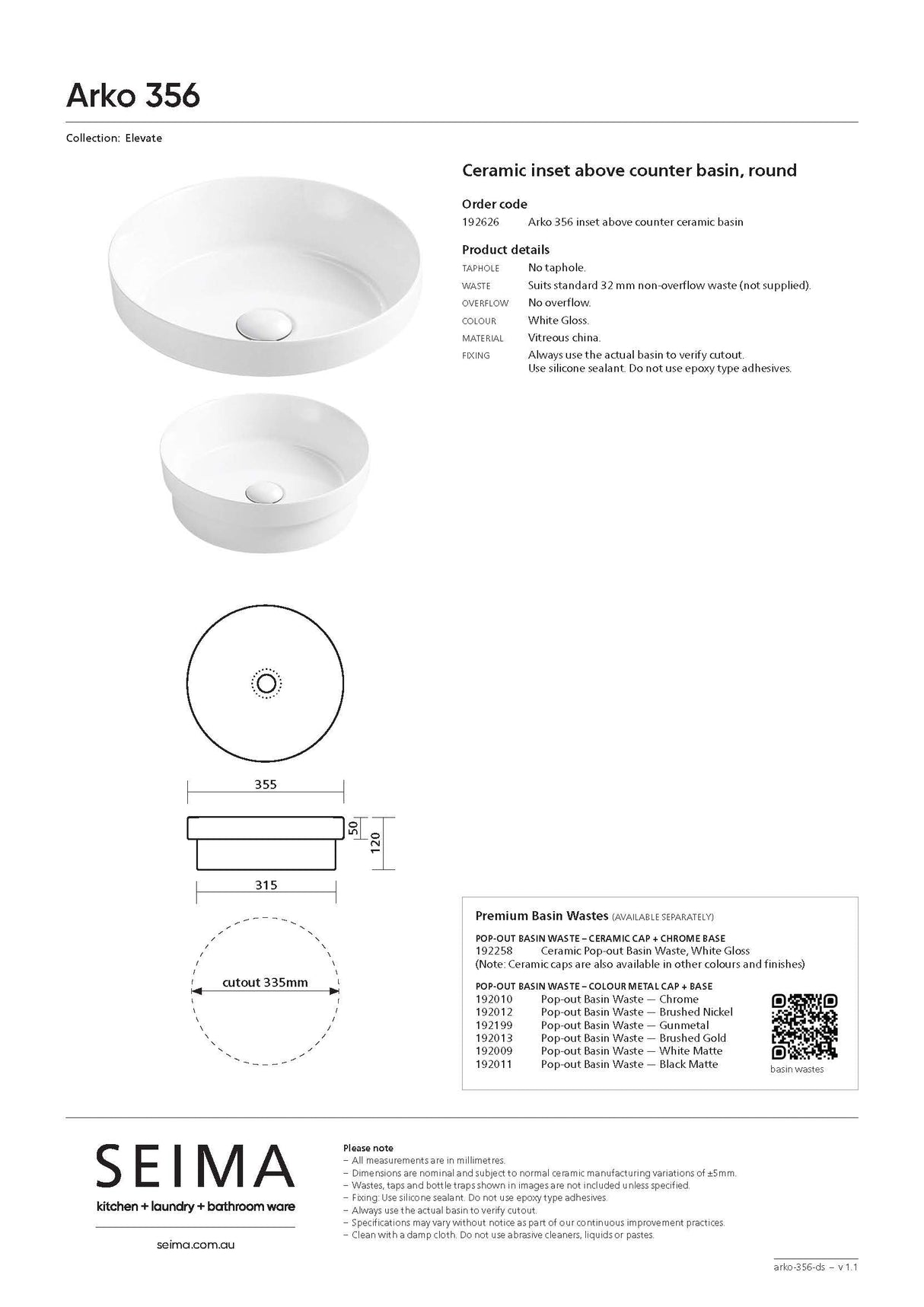 Seima 192626 Arko 356 Semi-Inset Basin, No taphole, Gloss White