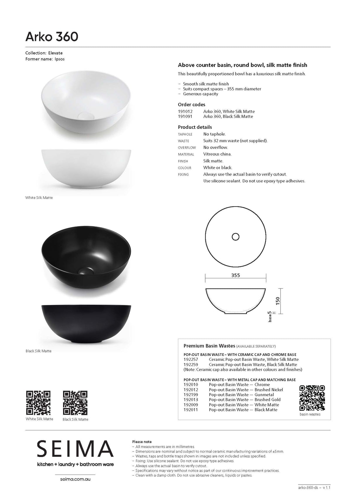 Seima 191091 Arko Above Counter Basin, Black Silk, No Taphole