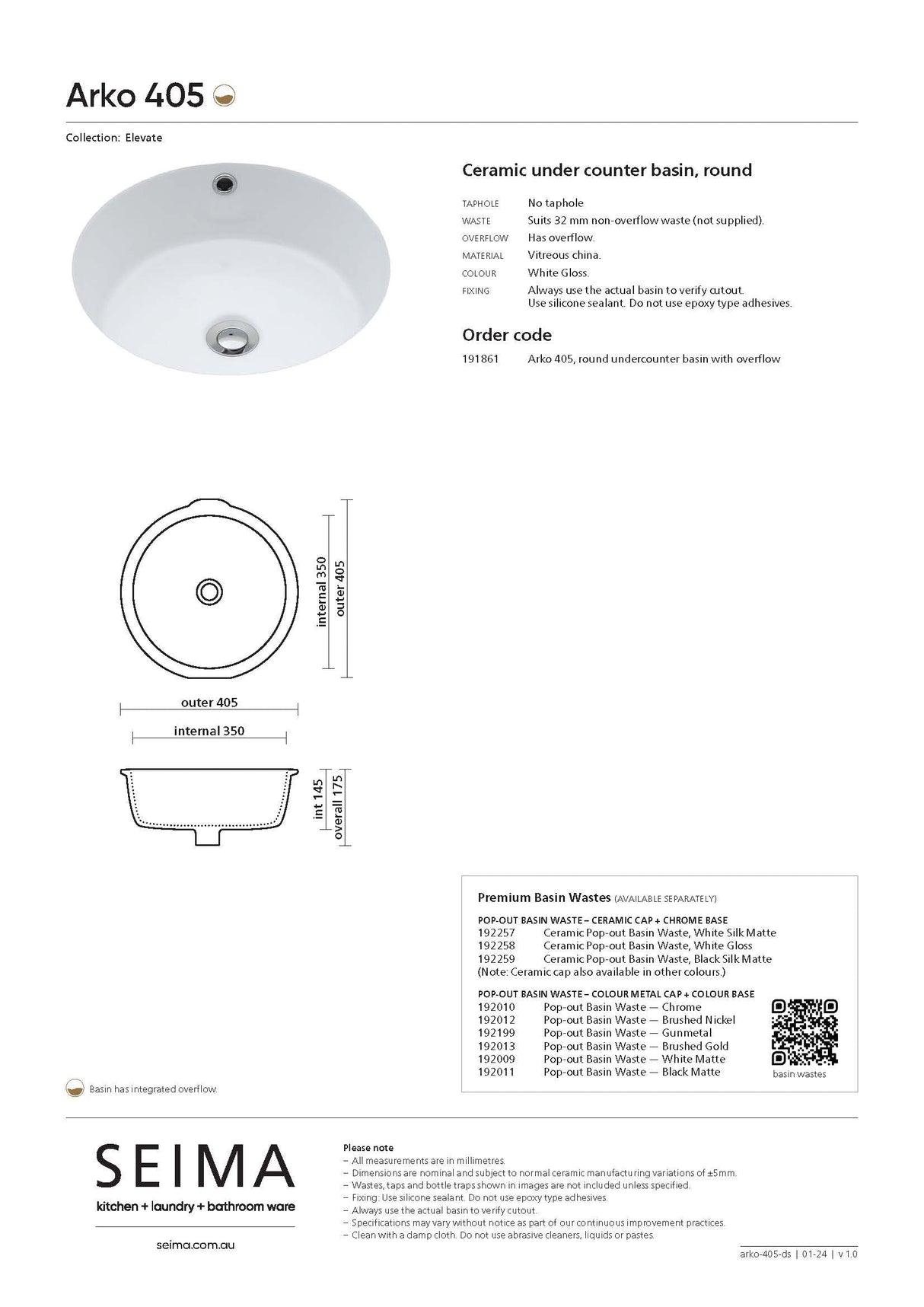 Seima 191861 Arko 405 Undermount Basin with Overflow, 405x405mm (No Taphole) Gloss White