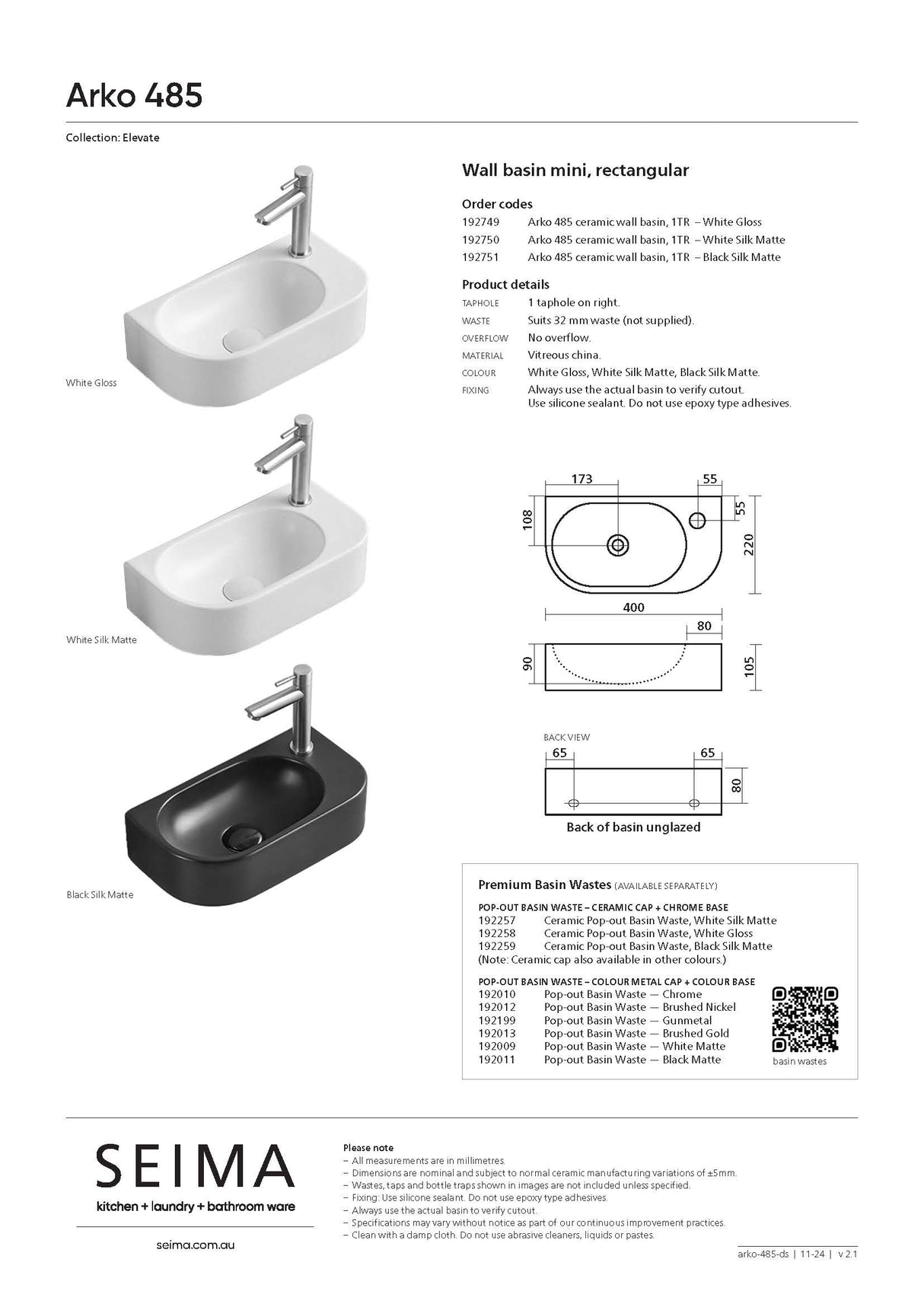 Seima 192750 Arko 485 Wall Hung Basin, 400x215mm (1 Taphole) Matte White