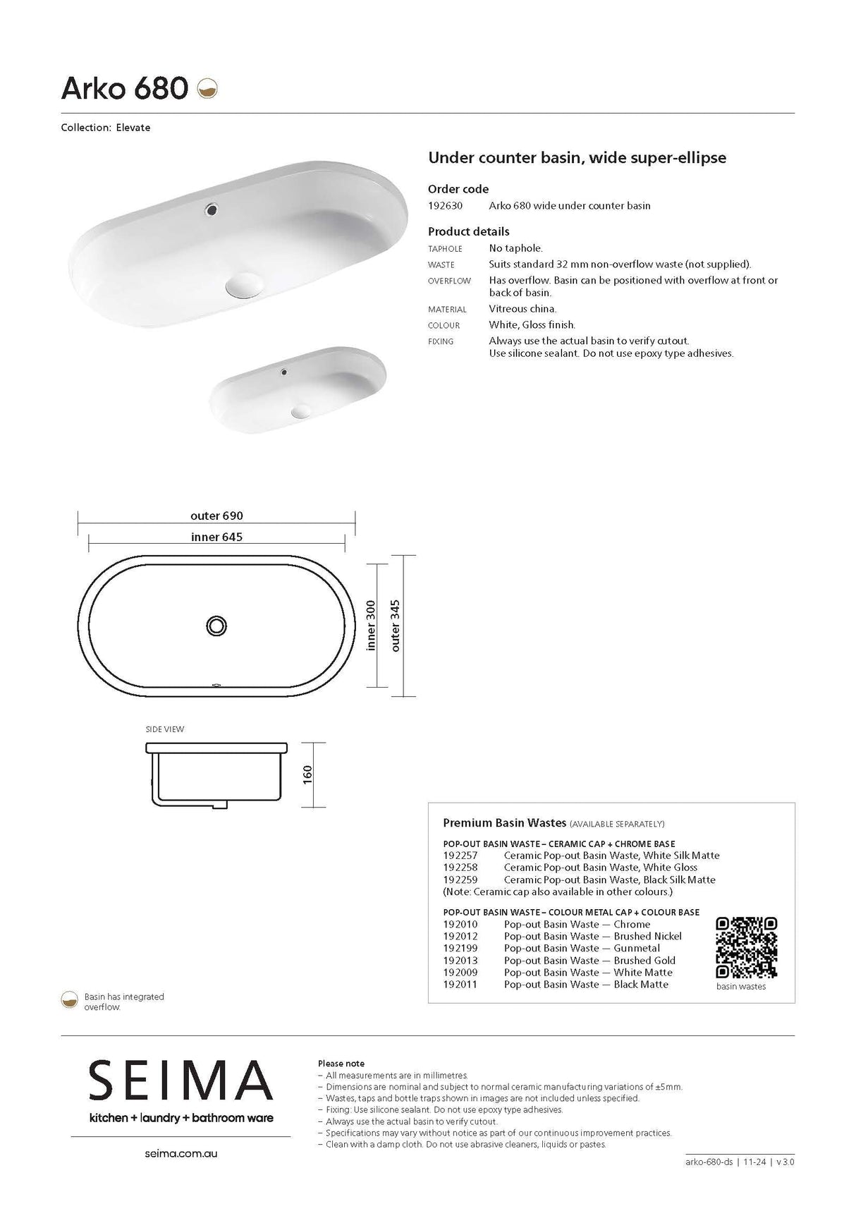 Seima 192630 Arko 680 Undermount Super Ellipse Basin with Overflow, 680x345mm (No Taphole) Gloss White
