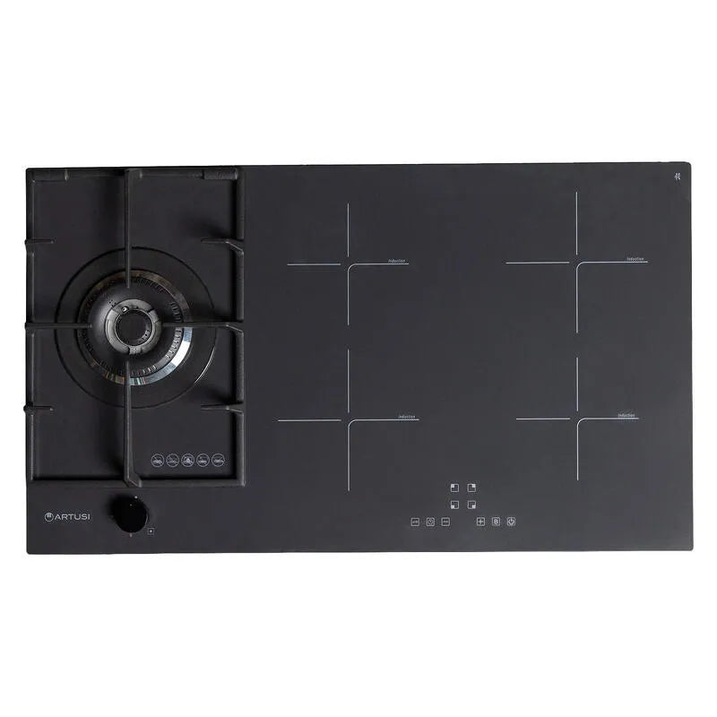 Artusi AIG9410NB 90cm Hybrid Gas/Induction Cooktop, Black Glass