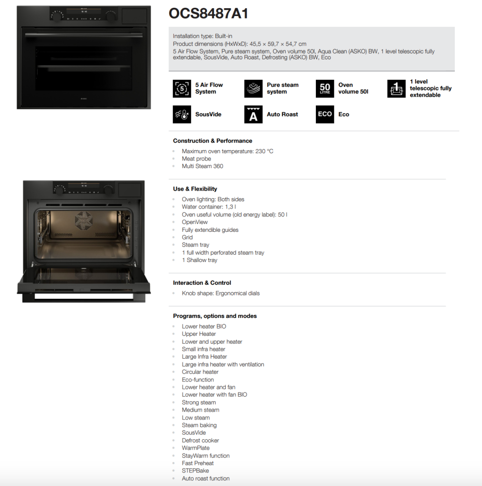ASKO 45cm Compact Craft Combination Oven with Full Steam Graphite Black OCS8487A1 - ASKO Factory Seconds - Compact