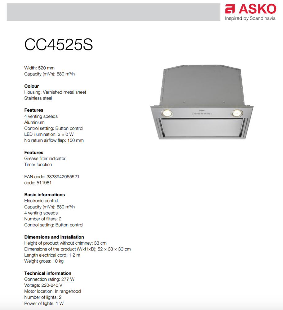 ASKO 52cm Under Cupboard Rangehood CC4525S - ASKO Factory Seconds - Undermount Rangehoods