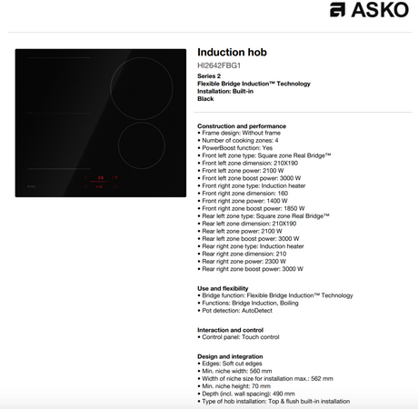 ASKO 60cm 4 Zone Bridge Induction Cooktop HI2642FBG1 - ASKO Factory Seconds - Induction Cooktop