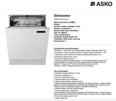 ASKO 60cm Classic Built-In Dishwasher White DBI343IDWAU - ASKO Factory Seconds - Built Under Dishwashers