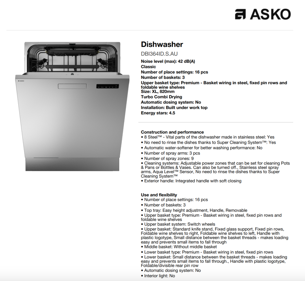 ASKO 60cm Classic Built Under Dishwasher Stainless Steel DBI364IDSAU - ASKO Factory Seconds - Built Under Dishwashers