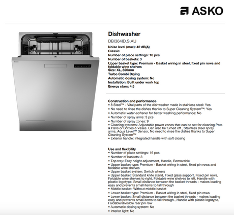ASKO 60cm Classic Built Under Dishwasher Stainless Steel DBI364IDSAU - ASKO Factory Seconds - Built Under Dishwashers