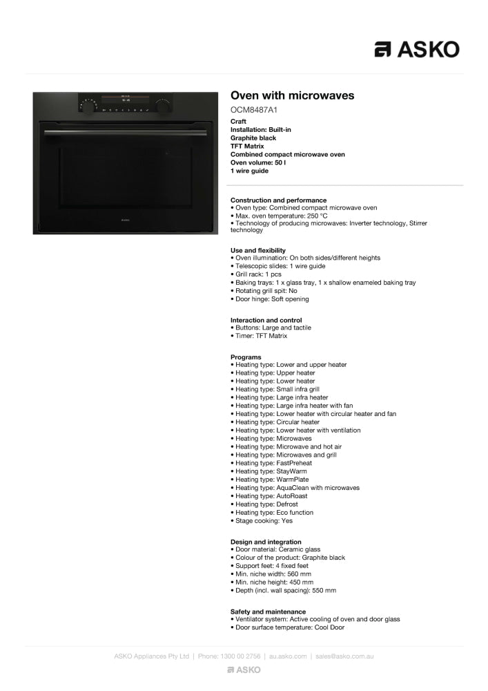 ASKO 60cm Compact Graphite Black Combi-Microwave Oven OCM8487A1 - ASKO Factory Seconds - Compact Built In Appliances