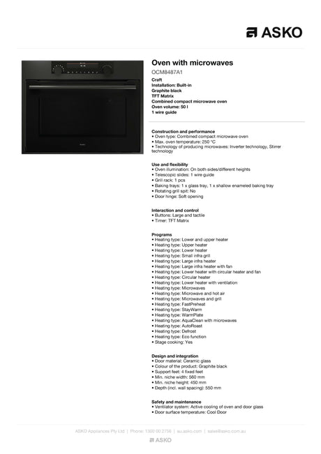 ASKO 60cm Compact Graphite Black Combi-Microwave Oven OCM8487A1 - ASKO Factory Seconds - Compact Built In Appliances