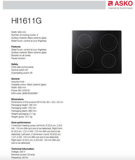 ASKO 60cm Induction 4 Burner Cooktop HI1611G - Clearance - Induction Cooktop