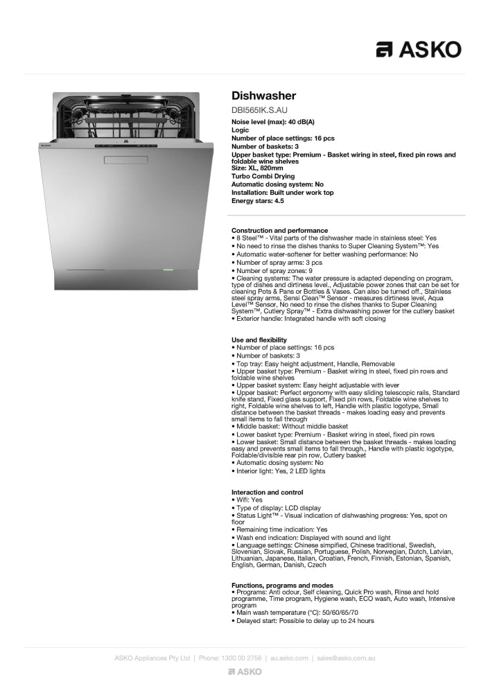 ASKO 60cm Logic Built Under Dishwasher Stainless Steel DBI565IKSAU - Carton Box Damage - Built Under Dishwashers