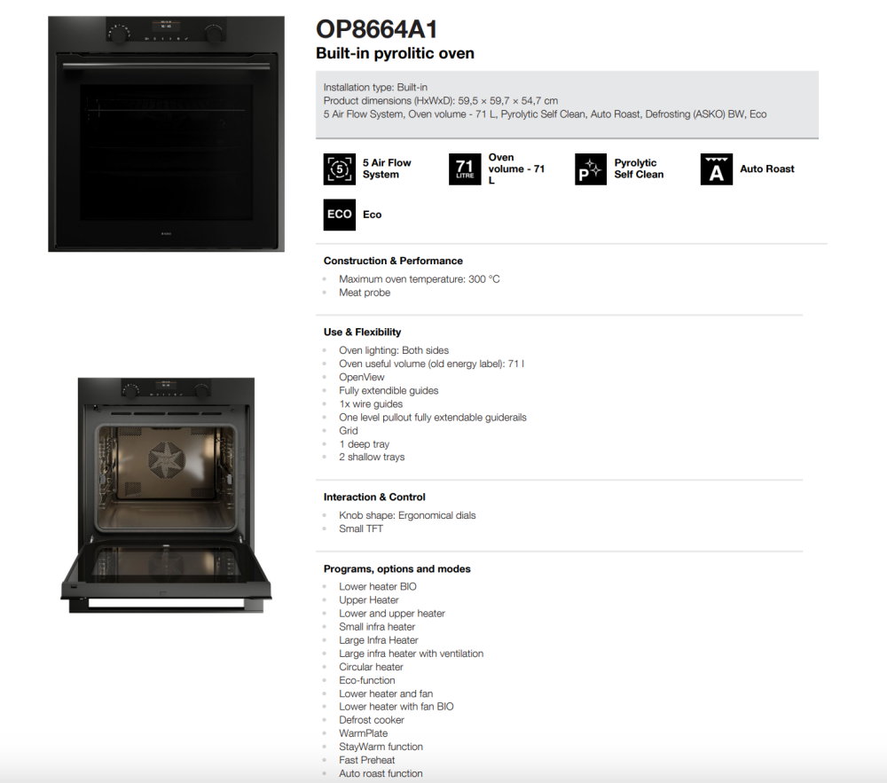 ASKO 60cm Pyrolytic Craft Built-In Oven Graphite Black OP8664A1 - ASKO Factory Seconds - Electric oven