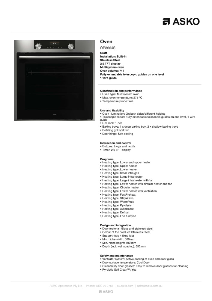 ASKO 60cm Stainless Steel Pyrolytic Craft Built-In Oven OP8664S - ASKO Factory Seconds - Electric oven
