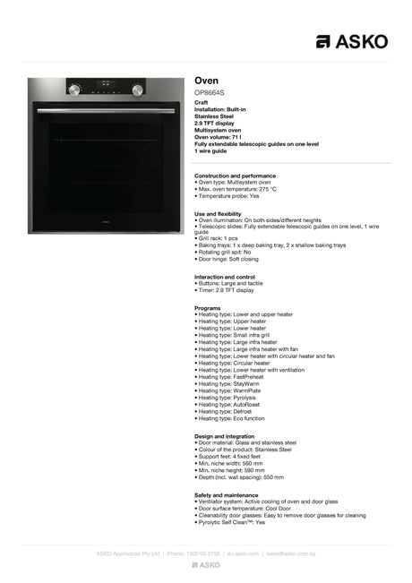 ASKO 60cm Stainless Steel Pyrolytic Craft Built-In Oven OP8664S - ASKO Factory Seconds - Electric oven