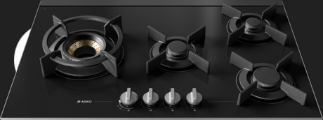 Asko 80cm Hob Gas 4 Burner Volcano Cooktop Black Glass HG8843BGD1 - ASKO Factory Seconds - Gas Cooktop