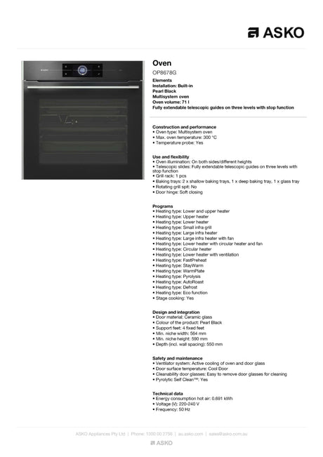 Asko Elements OP8678G 60cm Pyrolytic Multi Functional Oven - ASKO Factory Seconds - Electric oven